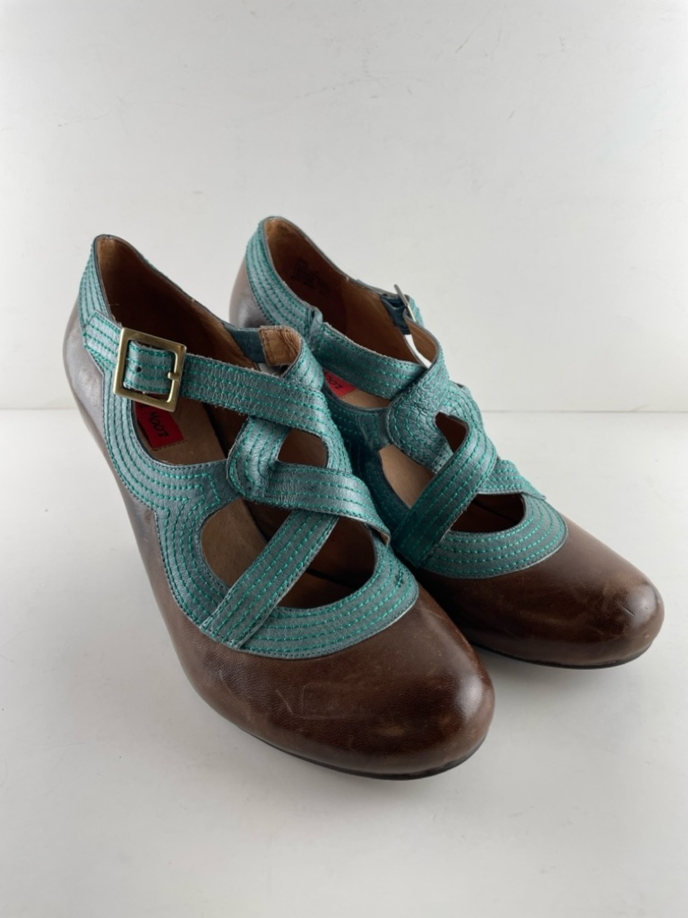 Miz Mooz Leather Mary Jane Heels Size 9 Brown Teal Retro Cutout Pumps - Picture 4 of 9